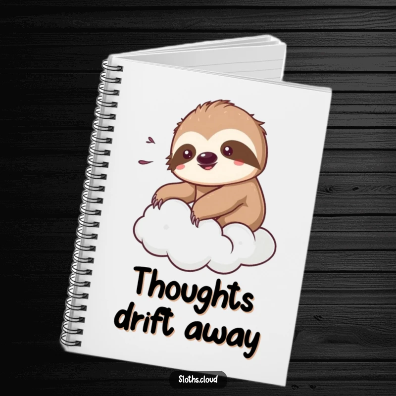 Funny kawaii sloth notebook showing a cute sloth enjoying a gentle breeze on a cloud, ideal for serene journaling.