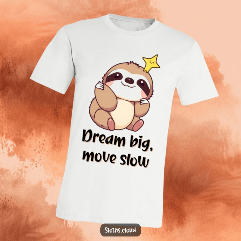 Funny t-shirt showing a sloth gently reaching out to touch a shimmering star, representing ambition and slow, steady progress.