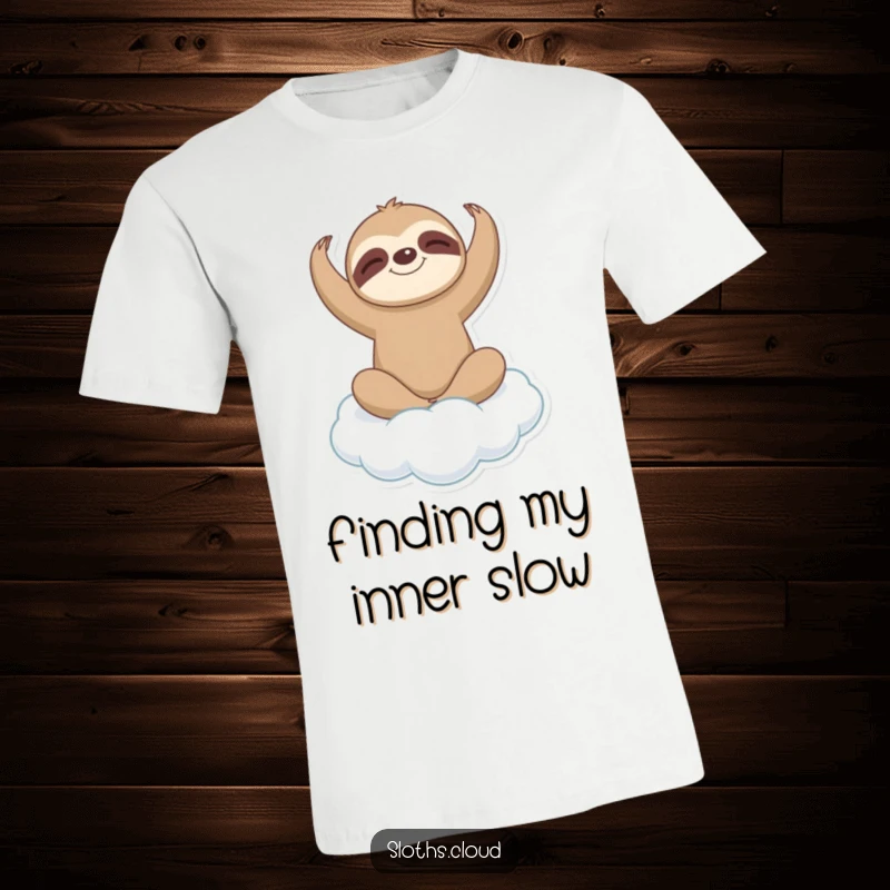 Funny sloth character in a serene yoga pose on a soft cloud, looking peaceful and centered, printed on a comfortable t-shirt.