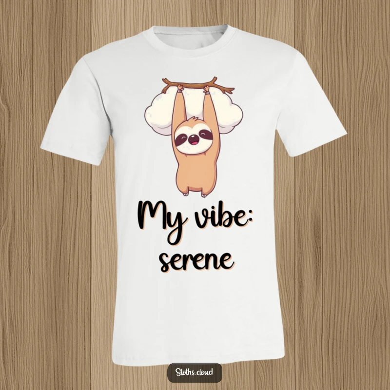 Funny kawaii sloth hanging upside down from a cloud, smiling peacefully. Humorous t-shirt.