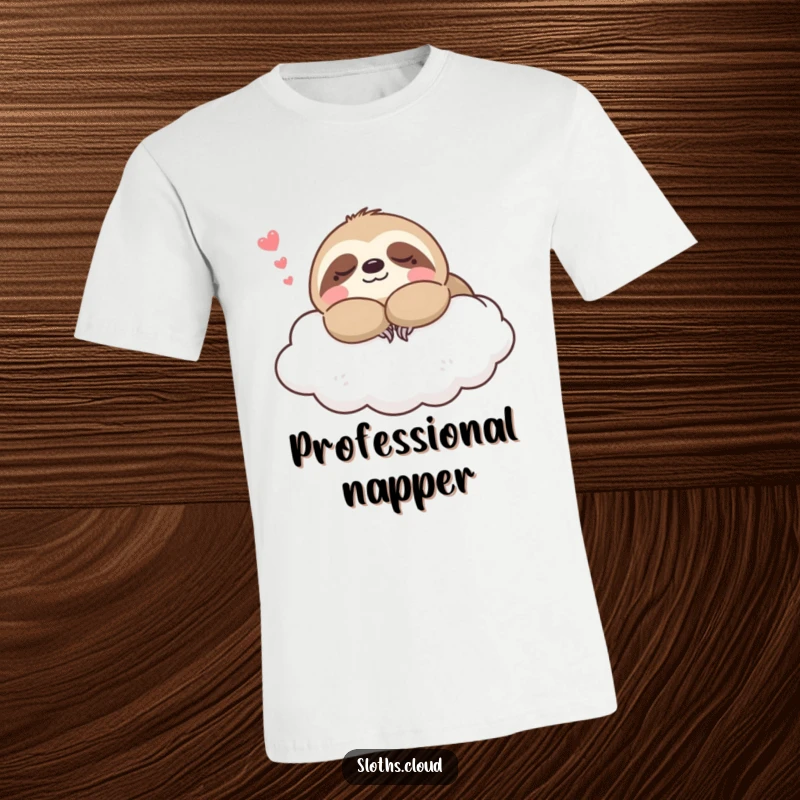 Funny kawaii sloth t-shirt depicting a contented sloth sleeping peacefully on a cloud, perfect for expressing relaxation.