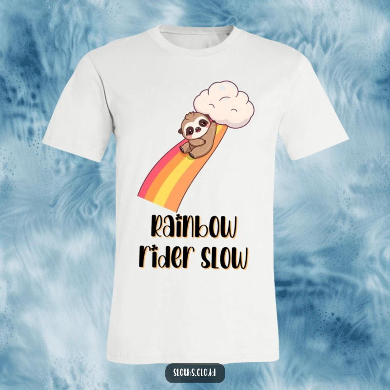 Funny kawaii sloth t-shirt depicting a cute sloth sliding playfully down a rainbow from a cloud, promoting joyful activity.