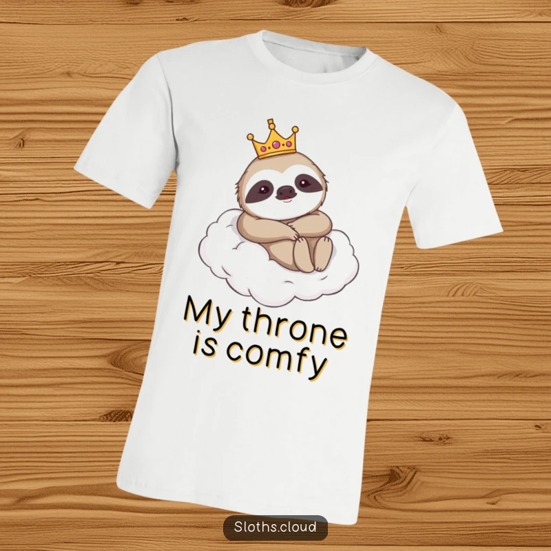 Funny t-shirt featuring a sloth wearing a tiny crown, lounging majestically on a cloud, embodying humorous royalty and leisure perfectly.