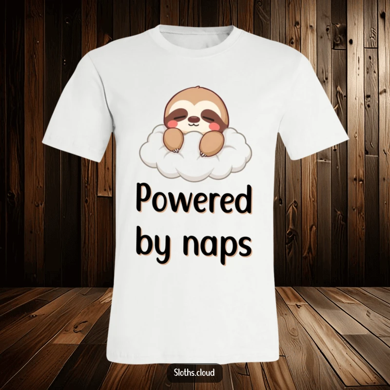 Funny t-shirt showing a sloth with closed eyes gently drifting on a soft cloud, capturing a moment of profound peace.