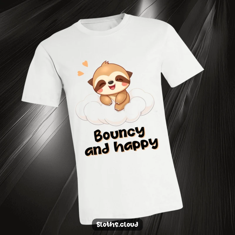 Funny t-shirt with a joyful sloth giggling while bouncing on a springy cloud, capturing a moment of pure fun.