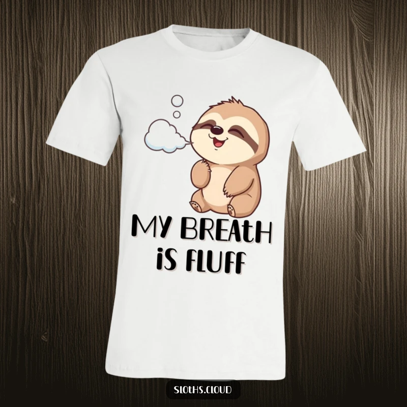 Funny T-Shirt showing a happy sloth puffing cloud-shaped air, embodying joy and a light, airy personality.