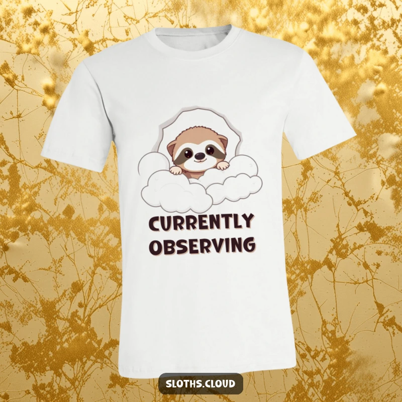 Funny t-shirt featuring a funny sloth peeking through soft clouds, capturing a moment of playful curiosity and gentle humor.