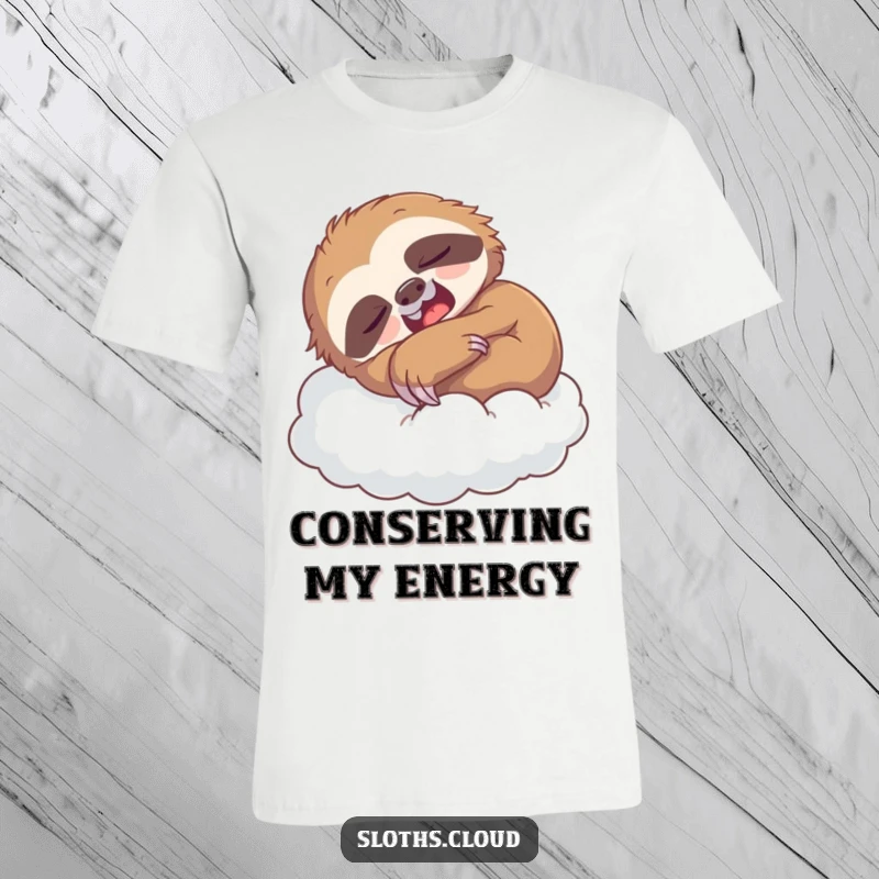Funny t-shirt with a yawning sloth napping peacefully on a fluffy cloud, representing ultimate relaxation and humor.