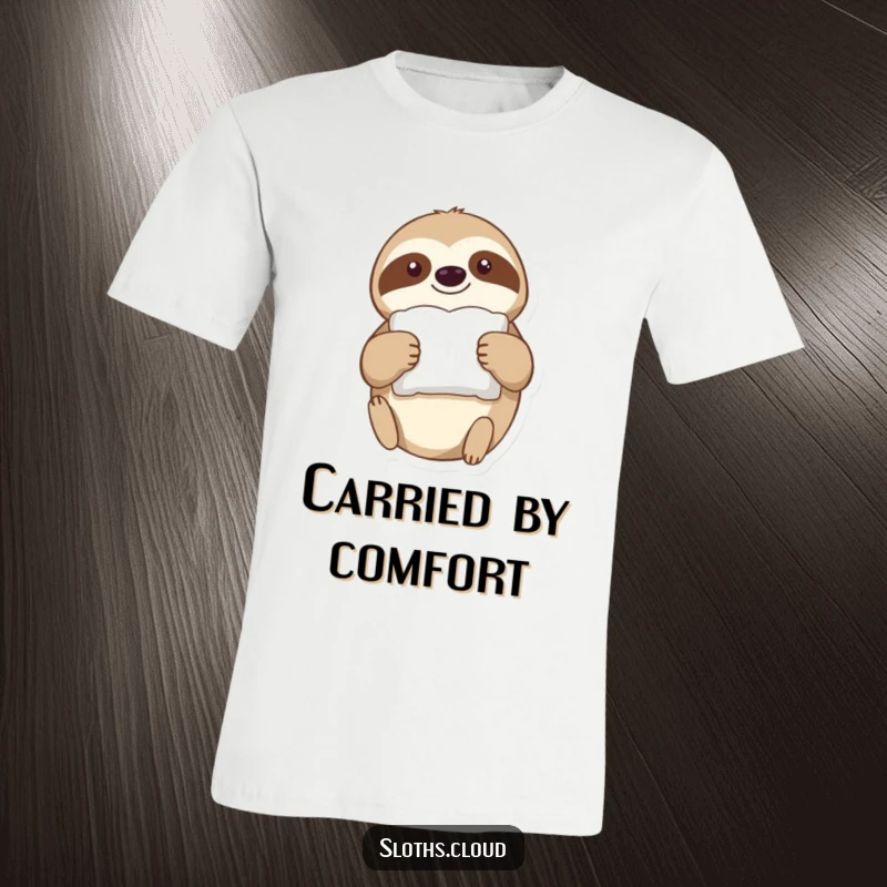 Funny T-Shirt: A sloth drifts through the air holding a tiny, fluffy pillow, embodying peaceful sleep and humorous comfort.