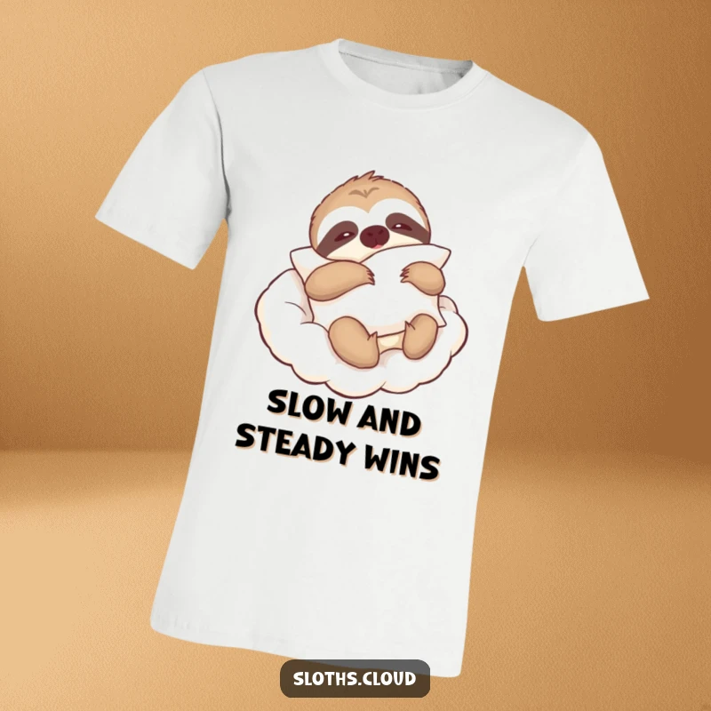 Funny t-shirt showcasing a relaxed sloth holding a pillow, floating on a cloud, perfect for anyone who loves comfort.