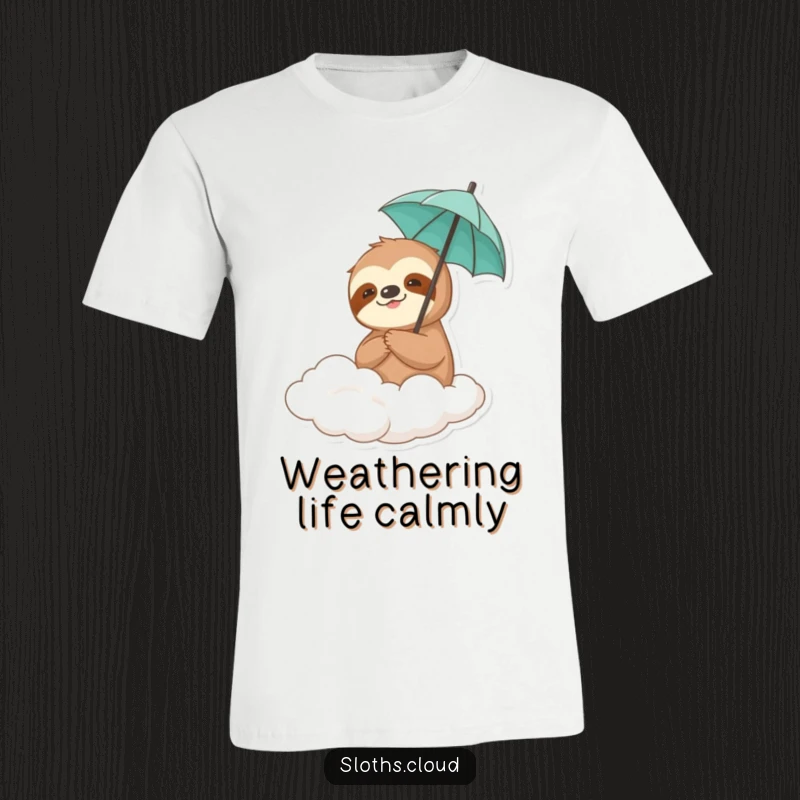Funny sloth holding a small umbrella on a cloud, looking nonchalant as it drifts, printed on a comfortable t-shirt.