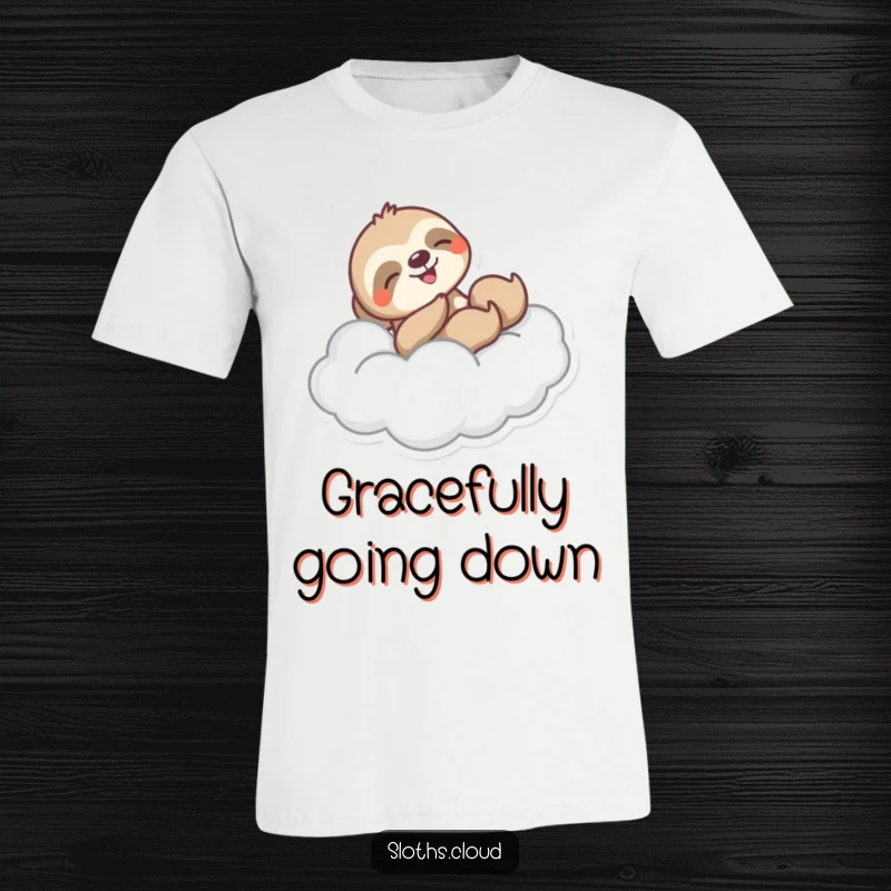 Funny t-shirt graphic of a sloth joyfully sliding down a fluffy cloud in a swoosh, capturing pure fun and hilarious motion.