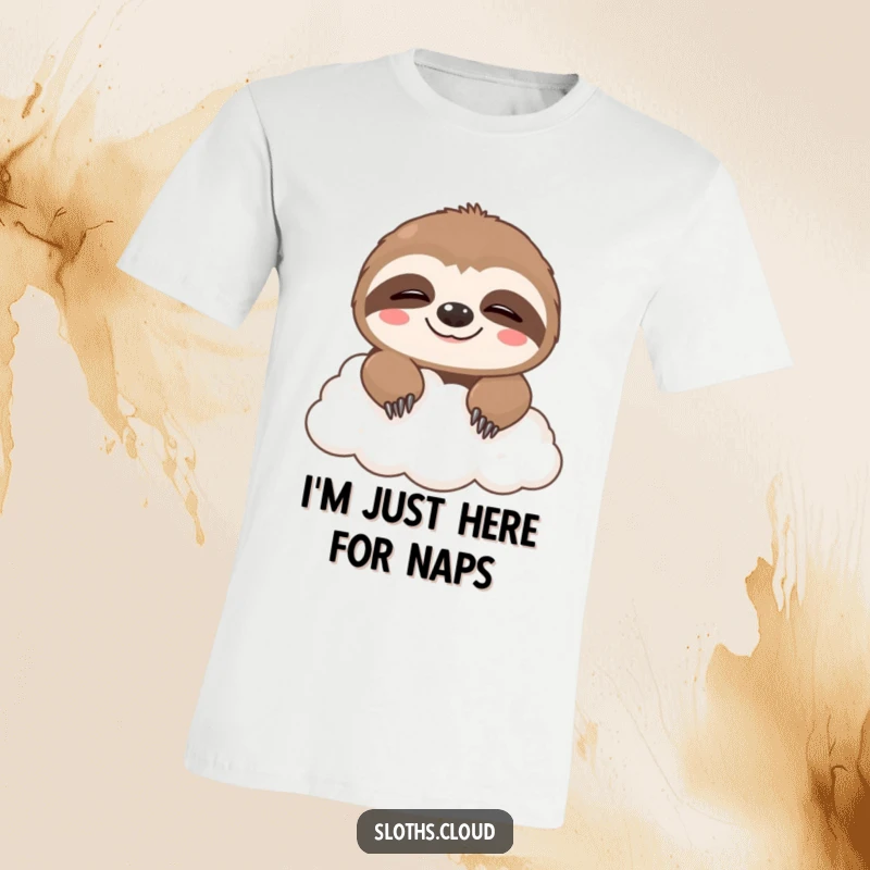 Funny t-shirt with a cute sloth peeking over a fluffy cloud, showing a sleepy, mischievous grin, perfect for sloth lovers.