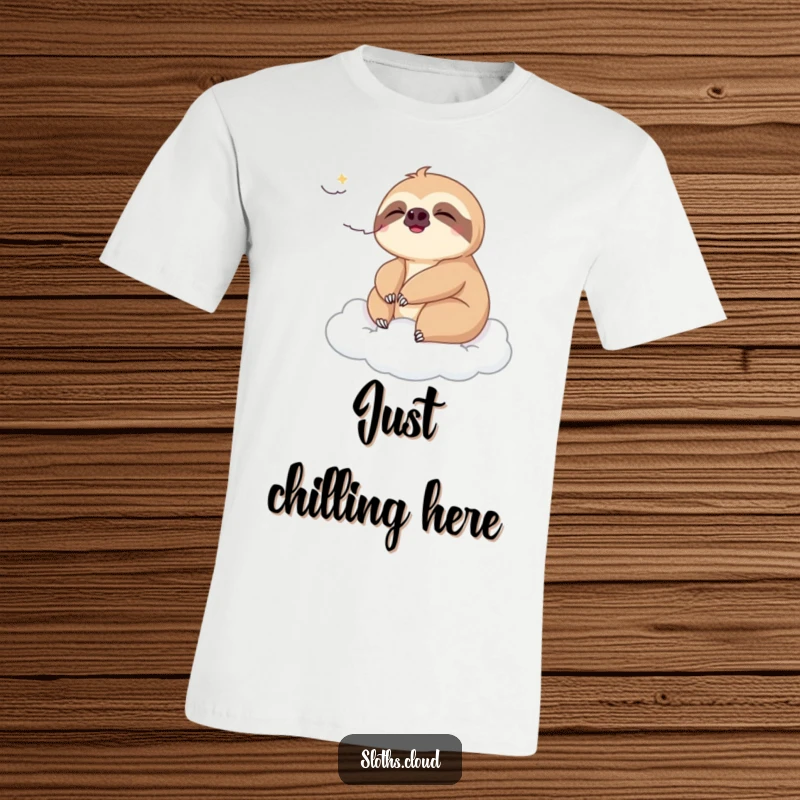 Funny t-shirt featuring a sloth peacefully enjoying a gentle breeze on a cloud, representing ultimate relaxation and calm.