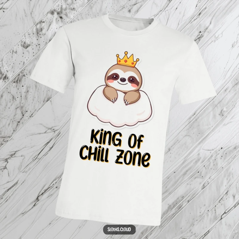 Funny t-shirt showcasing a sloth wearing a small crown, comfortably resting on a cloud pillow, exuding humorous majesty.