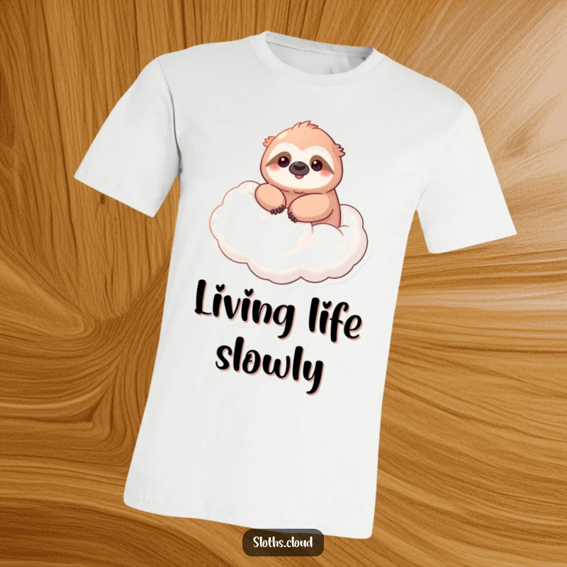 Funny t-shirt with a kawaii sloth smiling serenely, floating on a cloud, ideal for relaxation and cute sloth fans.