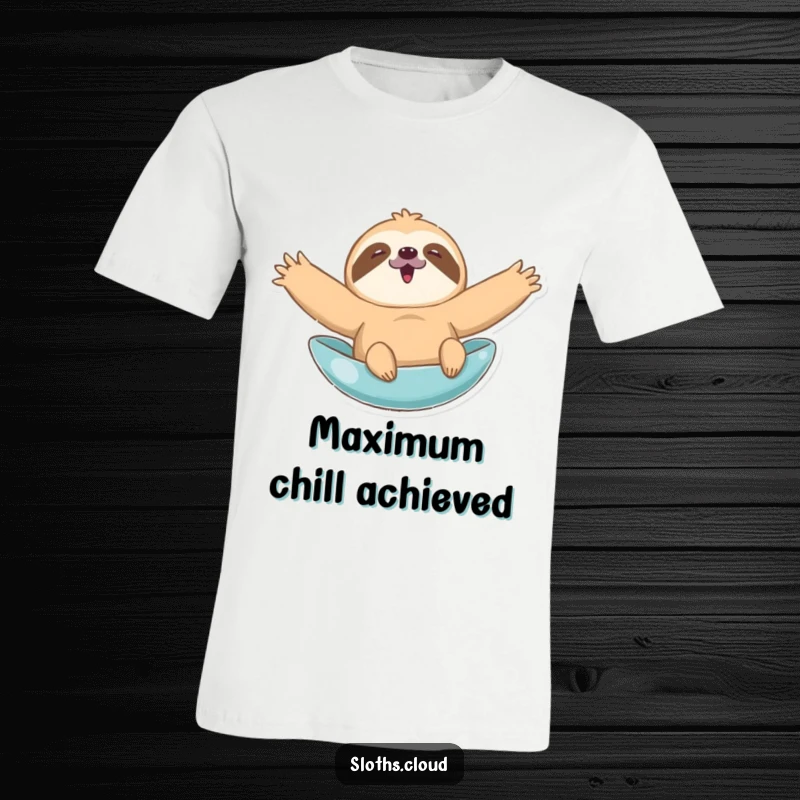 Funny t-shirt featuring a sloth with arms spread wide, enjoying a blissful, leisurely float, radiating pure happiness and humor.