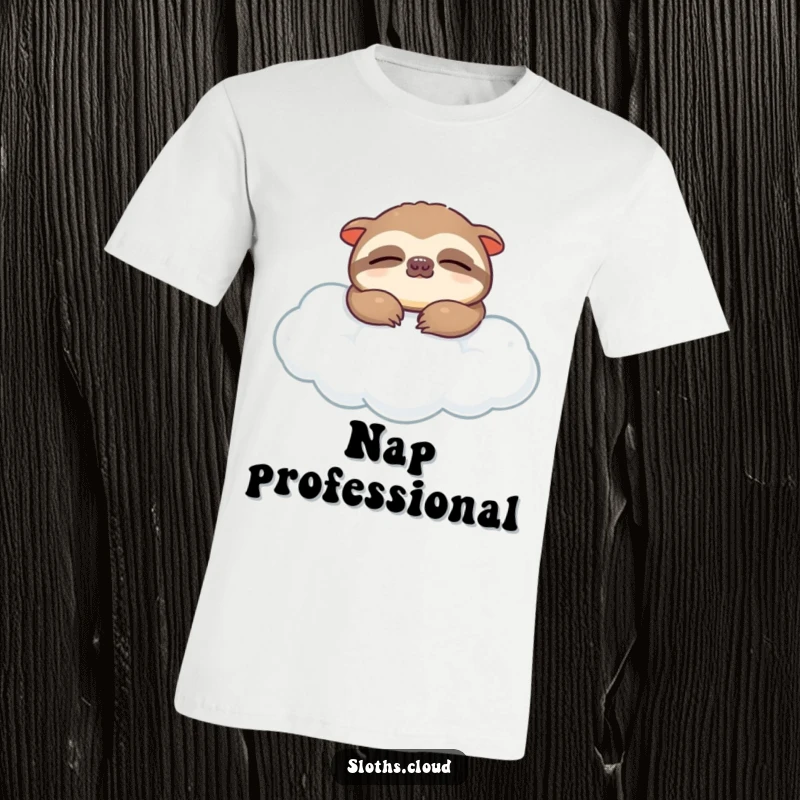 Funny t-shirt depicting a content sloth fast asleep, floating gently on a soft cloud, conveying profound peace and calm.