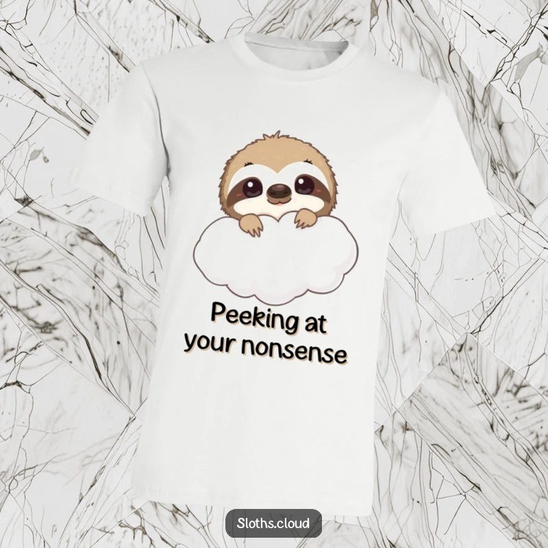 Funny sloth t-shirt, peeking from behind a cloud with curious eyes, revealing a playful and humorous personality.