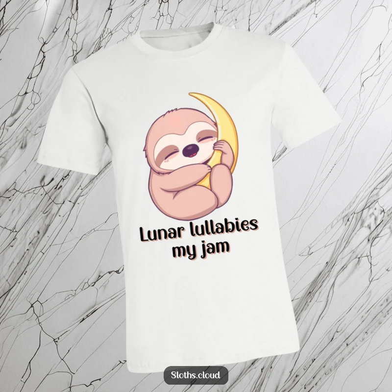 Funny T-shirt featuring a sloth hugging a crescent moon with closed eyes, promoting themes of sleep, dreams, and peaceful relaxation.