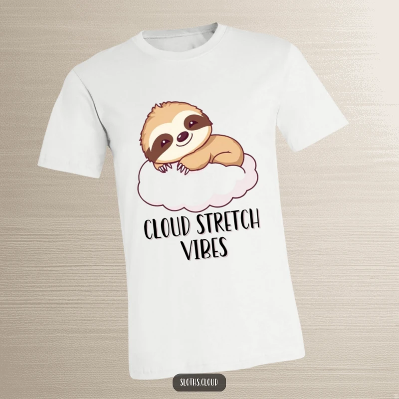 Funny t-shirt with a smiling sloth stretching languidly on a fluffy cloud, perfect for expressing relaxation and humor.