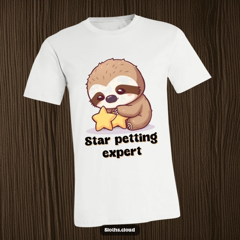 Funny t-shirt with a sloth gently petting a tiny star with a sweet, peaceful expression, great funny gift.