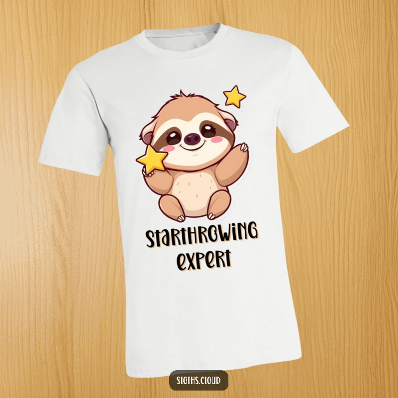 Funny kawaii sloth t-shirt showing a cute sloth with a silly grin tossing a shining star.