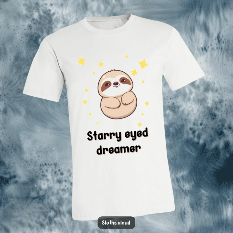 Funny kawaii sloth t-shirt depicting a contented sloth smiling serenely while floating among twinkling stars, perfect for expressing peacefulness.