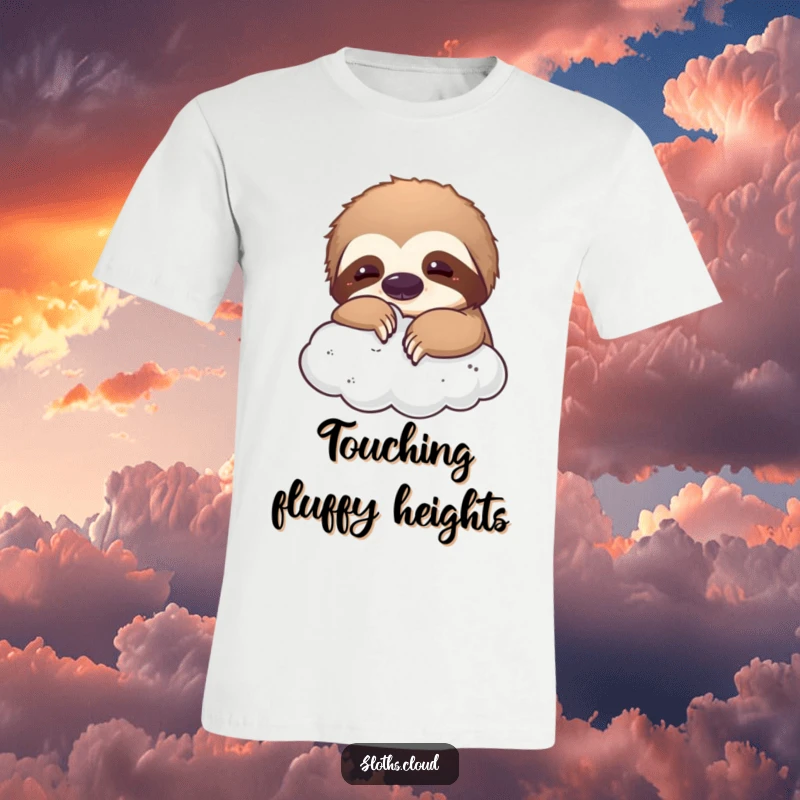 Funny t-shirt graphic of a sloth playfully nudging a fluffy cloud with its nose, capturing whimsical and humorous daydreaming.