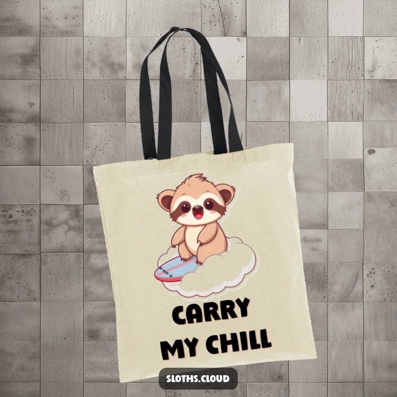 Funny kawaii sloth tote bag depicting a happy sloth surfing on a cloud, great for carrying daily items with cheerful vibes.