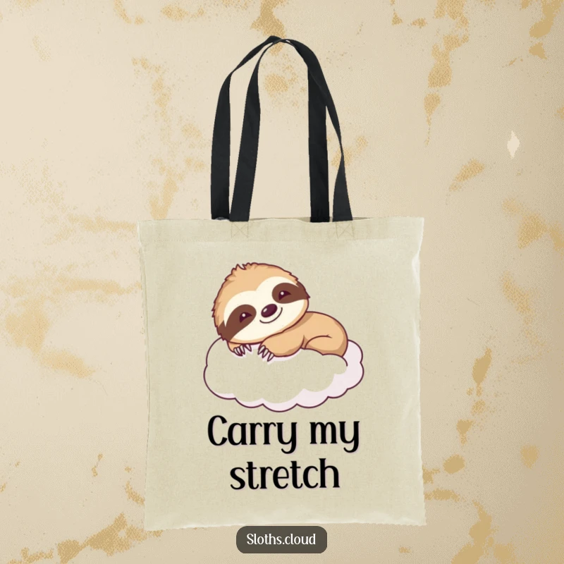 Funny tote bag featuring a smiling sloth stretching languidly on a fluffy cloud, perfect for carrying essentials with relaxation and humor.