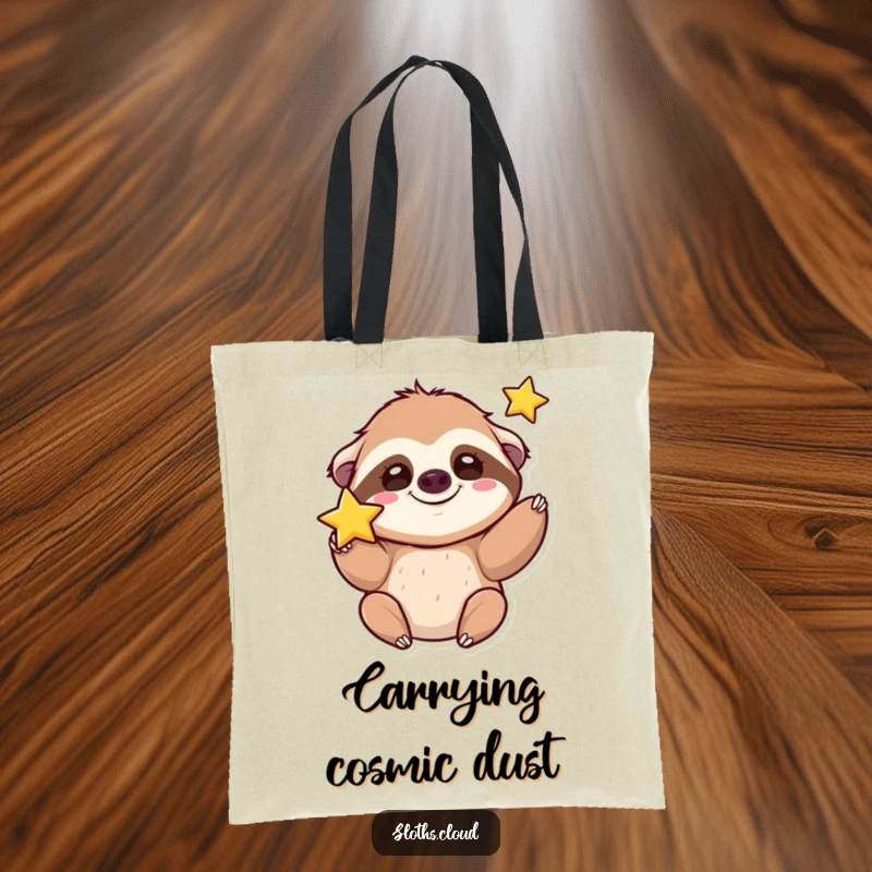 Funny kawaii sloth tote bag with a cute sloth grinning silly while tossing a star, ready for magic.