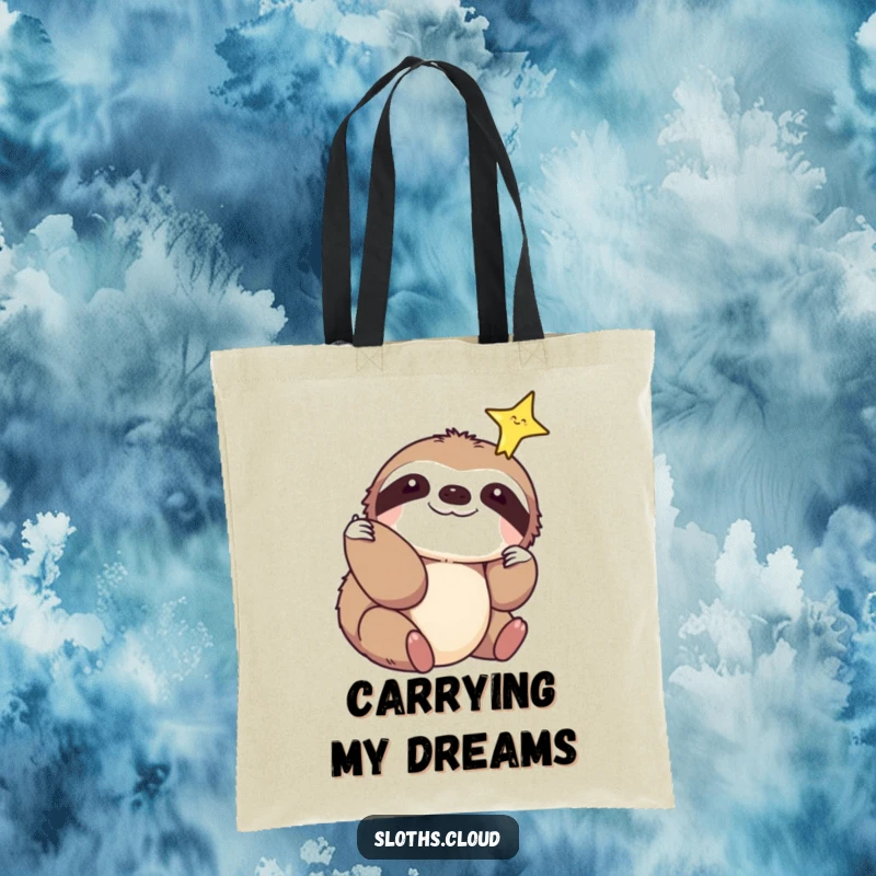 Funny tote bag with a sloth reaching out to touch a sparkling star, ideal for carrying items with aspirational humor.