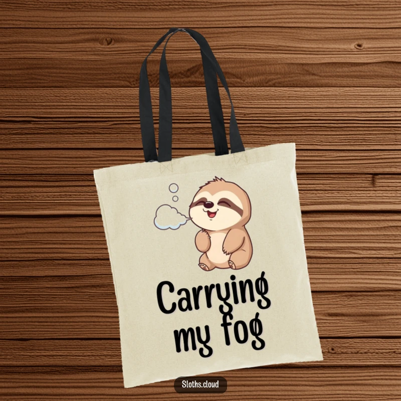 Funny Tote Bag with a joyful sloth blowing cloud-shaped air, perfect for carrying essentials with a touch of whimsy.