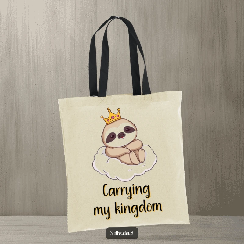 Funny tote bag featuring a sloth wearing a crown, lounging on a cloud, perfect for carrying items with humorous majesty.
