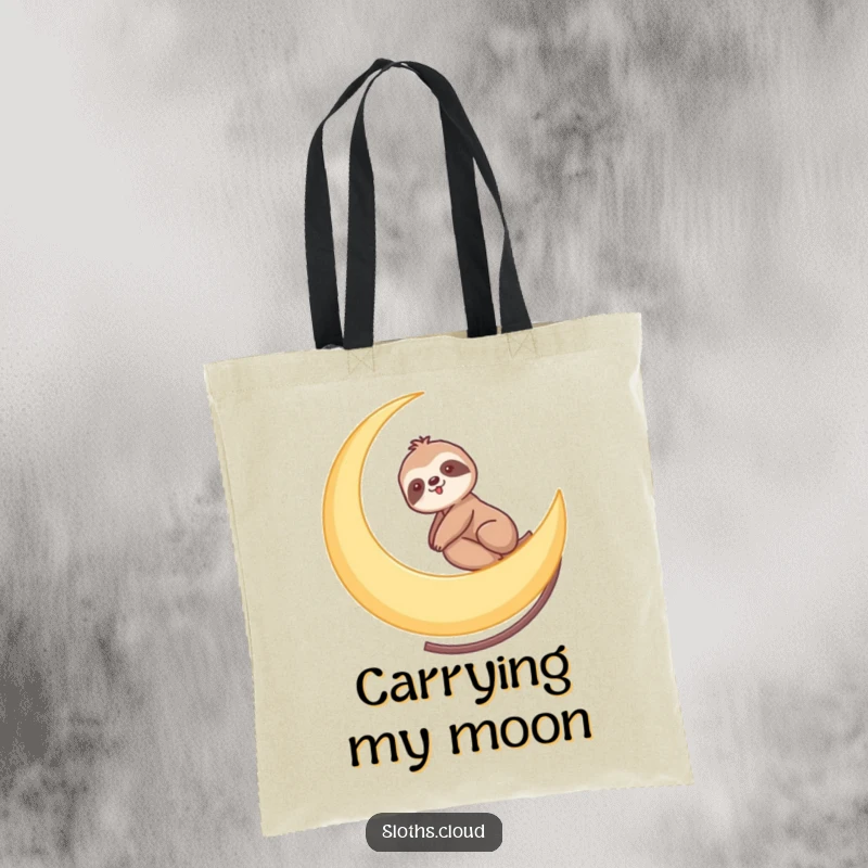 Funny tote bag featuring a sloth riding a crescent moon like a slow roller coaster, ready for gentle cosmic journeys.