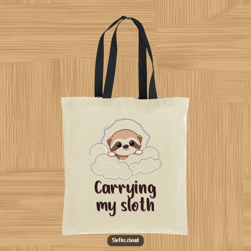 Funny tote bag with a playful sloth peeking through fluffy clouds, ideal for carrying essentials with a humorous touch.