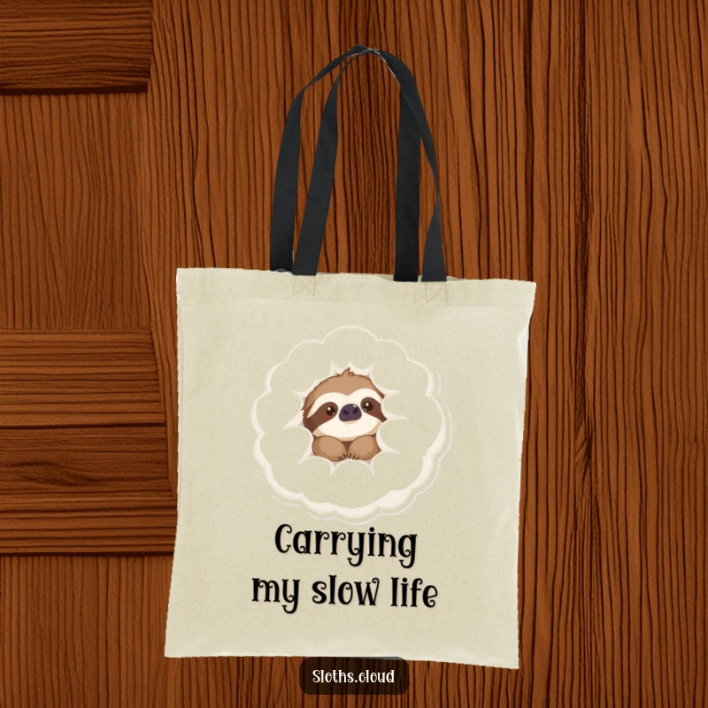 Funny Tote Bag with a content sloth peeking from behind a fluffy cloud, ideal for carrying essentials with humor.