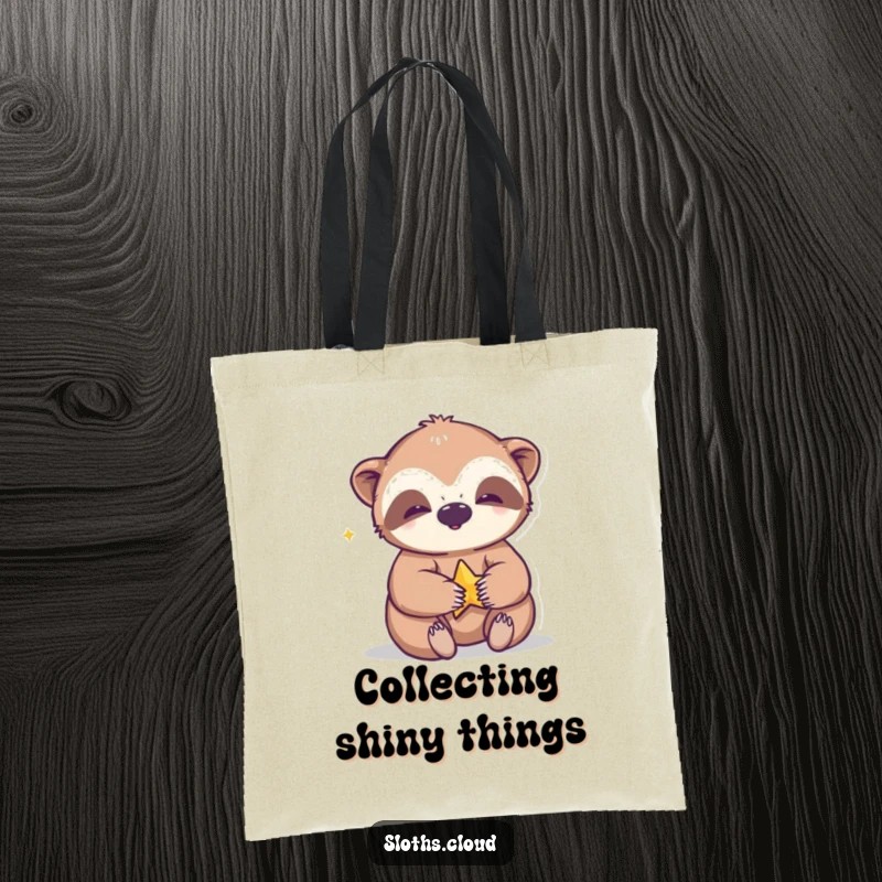 Funny tote bag depicting a giggling sloth happily playing with a small star, embodying playful joy and cheerful delight.