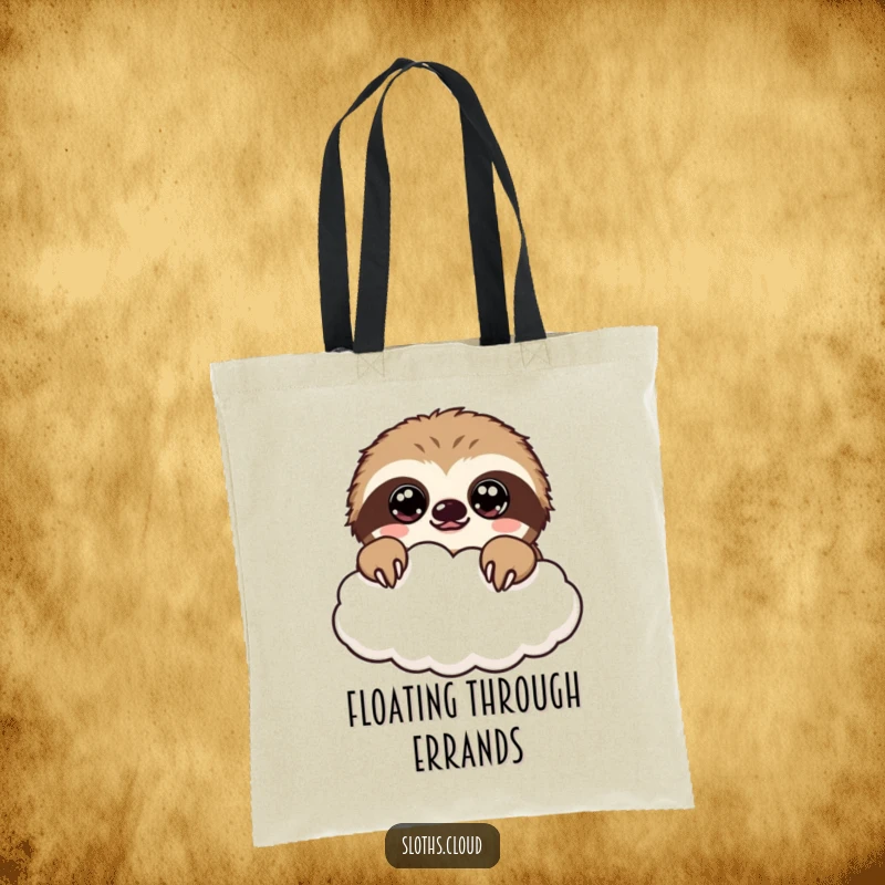 Funny kawaii sloth tote bag with a cute sloth peeking over a cloud, ready for a day of gentle exploration.