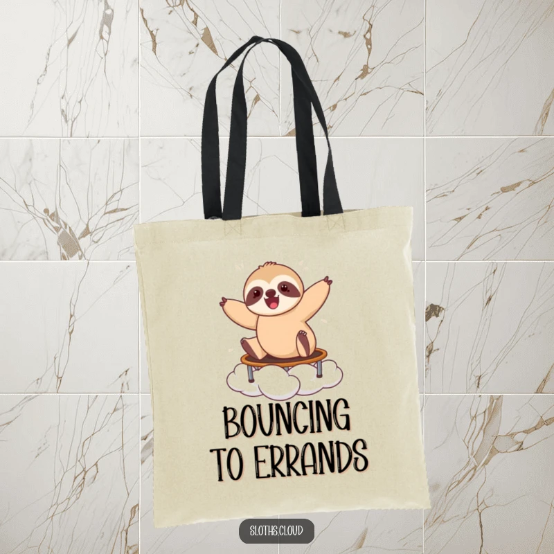 Funny tote bag depicting a happy sloth energetically bouncing on a cloud, embodying pure fun and a zest for life.