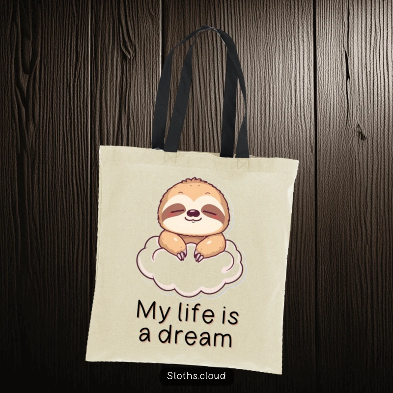 Funny tote bag illustrating a sloth gently floating on a cloud with eyes closed, conveying peacefulness and lighthearted humor.