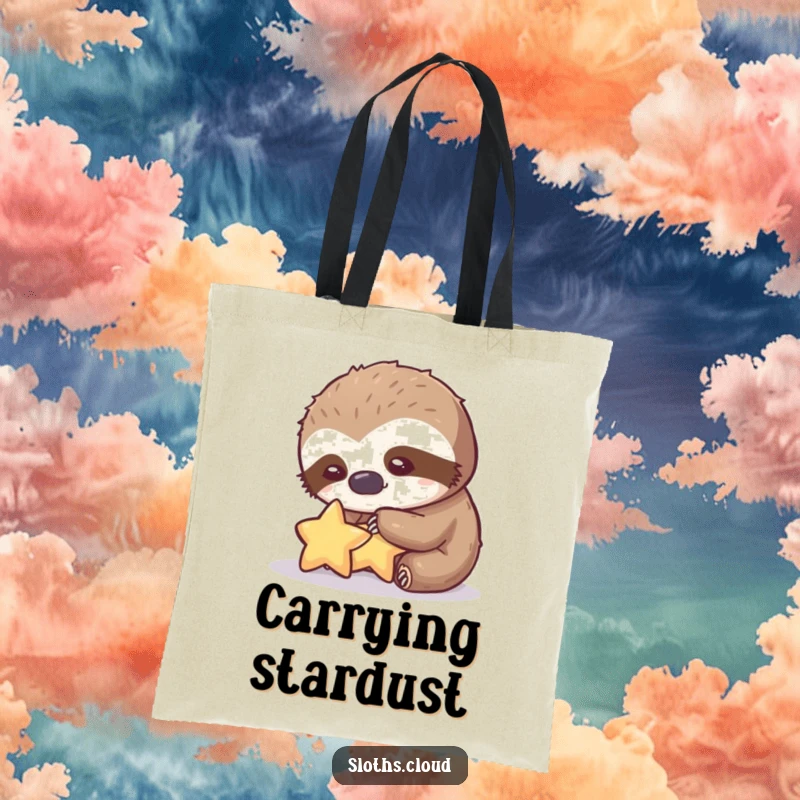 Funny tote bag depicting a sloth gently petting a tiny star with a serene expression, excellent funny gift.