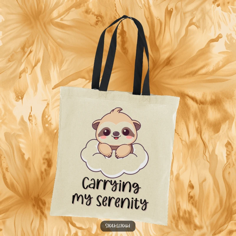 Funny tote bag depicting a kawaii sloth blissfully smiling while floating on a cloud, excellent funny gift.