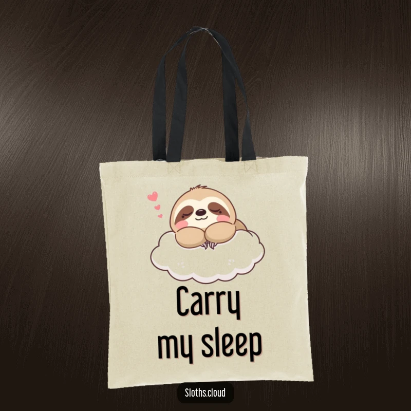 Funny kawaii sloth tote bag showing a contented sloth sleeping on a cloud, great for carrying essentials with a calming vibe.