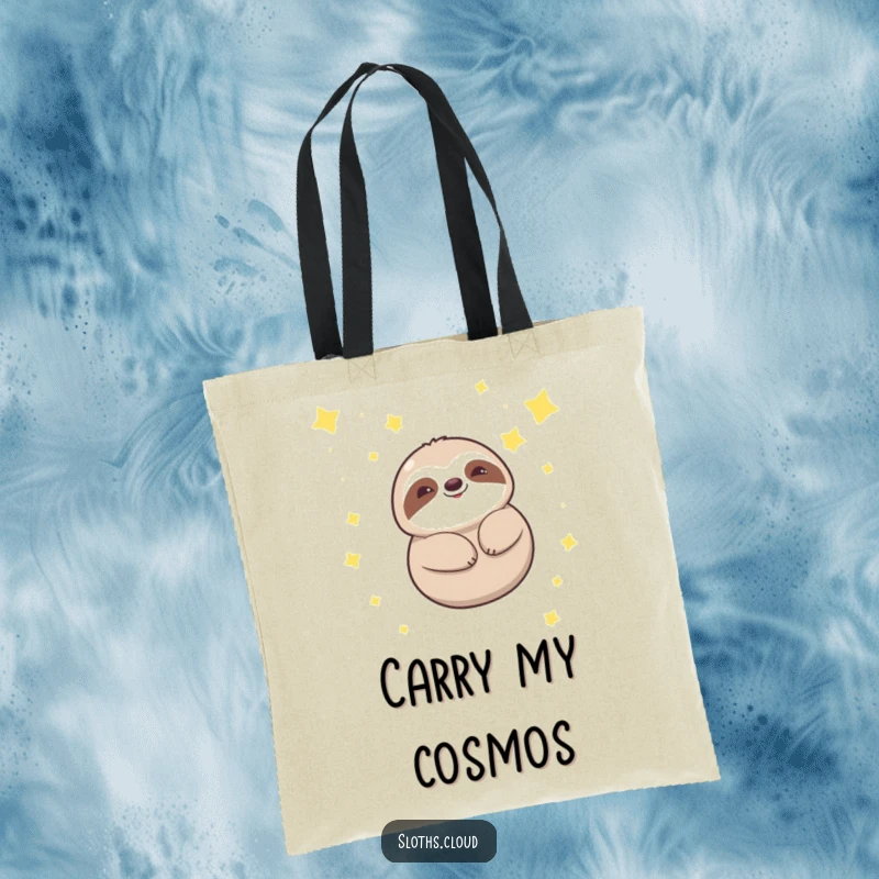 Funny kawaii sloth tote bag showing a contented sloth smiling serenely amongst twinkling stars, great for carrying items with a peaceful vibe.