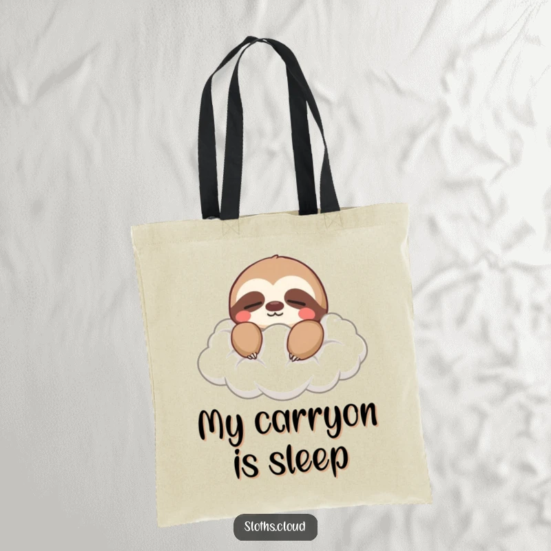 Funny tote bag depicting a sloth with eyes closed, peacefully drifting on a soft cloud, embodying ultimate relaxation and calm.