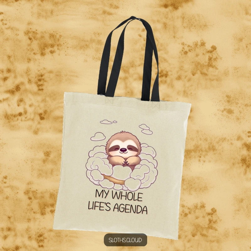 Funny tote bag featuring a peaceful sloth serene amongst airy, cotton-like clouds, perfect for carrying everyday items with a humorous touch.