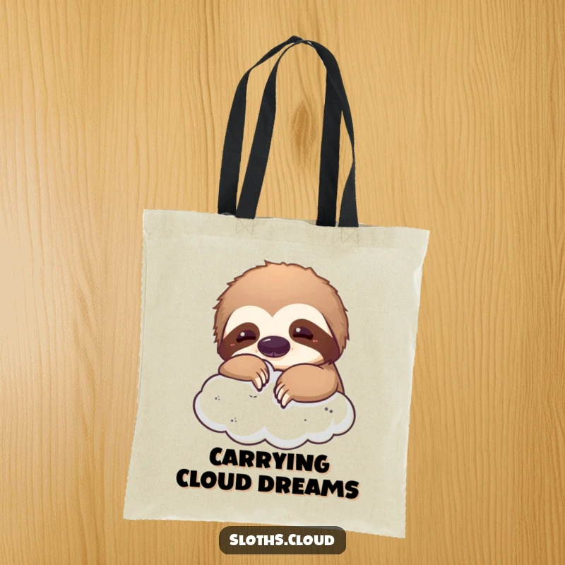 Funny tote bag with a sloth playfully nudging a fluffy cloud, perfect for carrying items with a touch of whimsical humor.