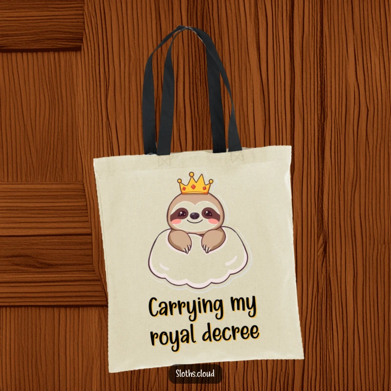 Funny tote bag depicting a sloth adorned with a tiny crown, resting on a cloud pillow, symbolizing humorous royalty.